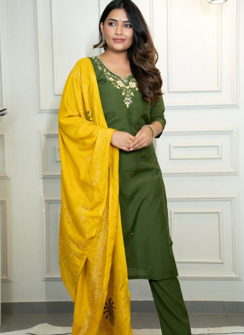 Mahendi Roman Silk Punjabi Suit with Handwork & Jacquard Dupatta