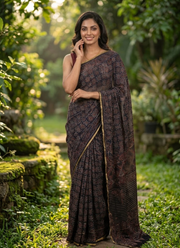 Deep Navy Blue Vegetable Chiffon Saree – Floral Print with Blouse 3
