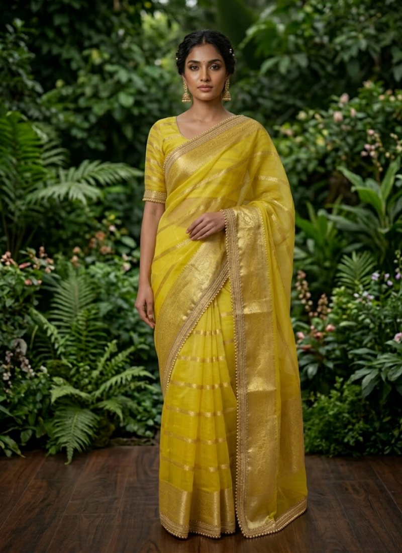 Banarasi Organza Saree with Blouse – Bright yellow
