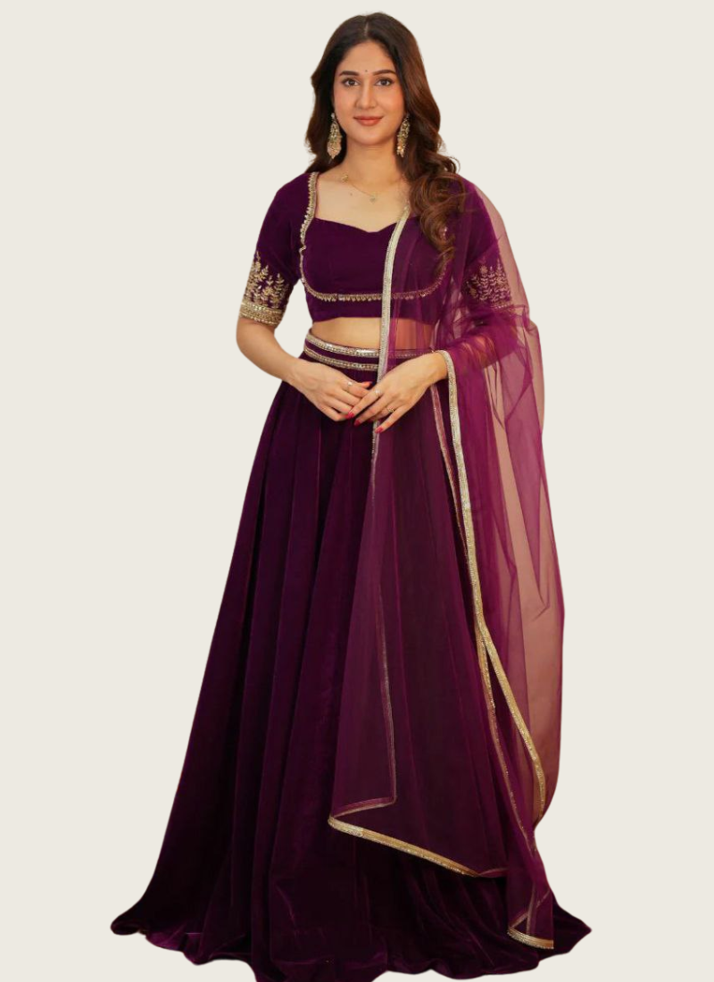Velvet Lehenga Choli with Sequins & Dori Work + Net Dupatta | Gleemium fashion