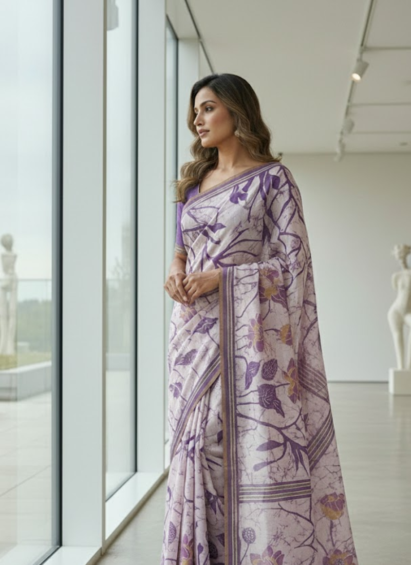 Dhanwari Silk Saree with Floral Print & Zari Border + Contrast Blouse