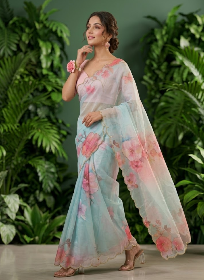 Pastel Maslin Saree with Pipe Sequins Hand Work