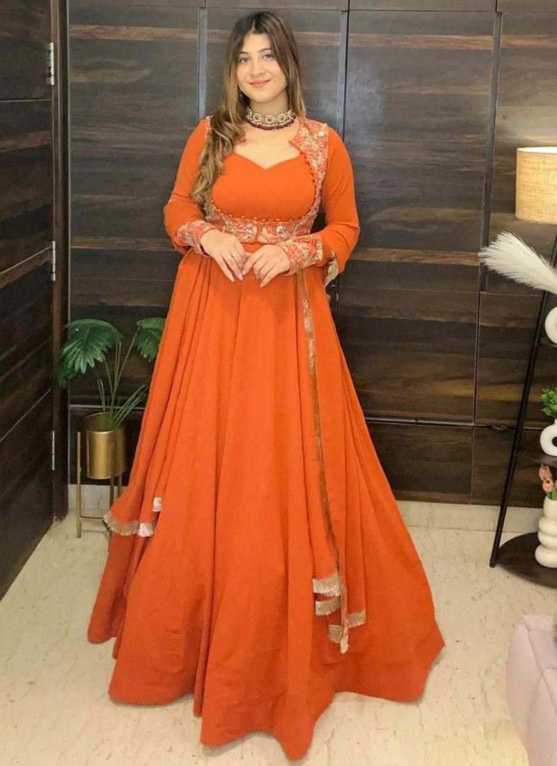 Orange Faux Georgette Anarkali Gown with Embroidery + Pant & Dupatta