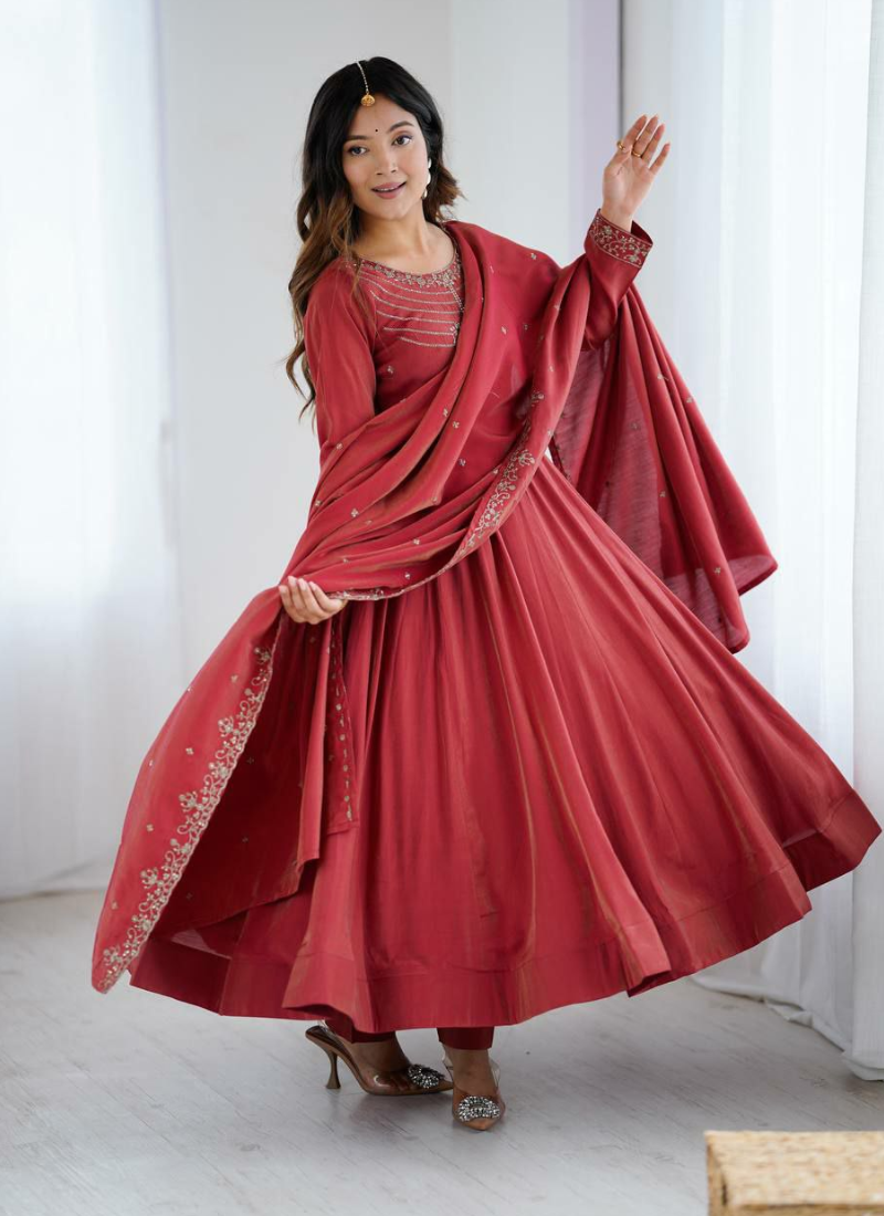 Roman Shimmer Chanderi Silk Anarkali Suit with Beads Work & Dupatta