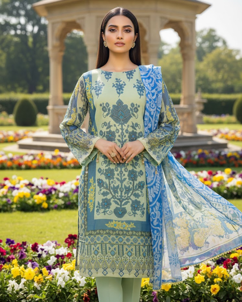 Green & Blue Organza Salwar Suit – Floral Print & Pipe Work