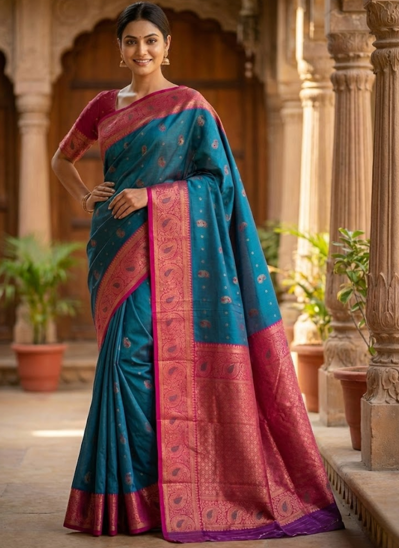 Sea Green Katan Silk Saree – Mina Work & Magenta Border