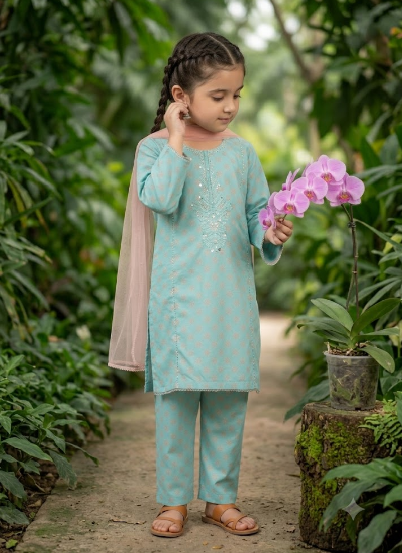 Girl’s Cotton Midi Shirt Set – Embroidery Work