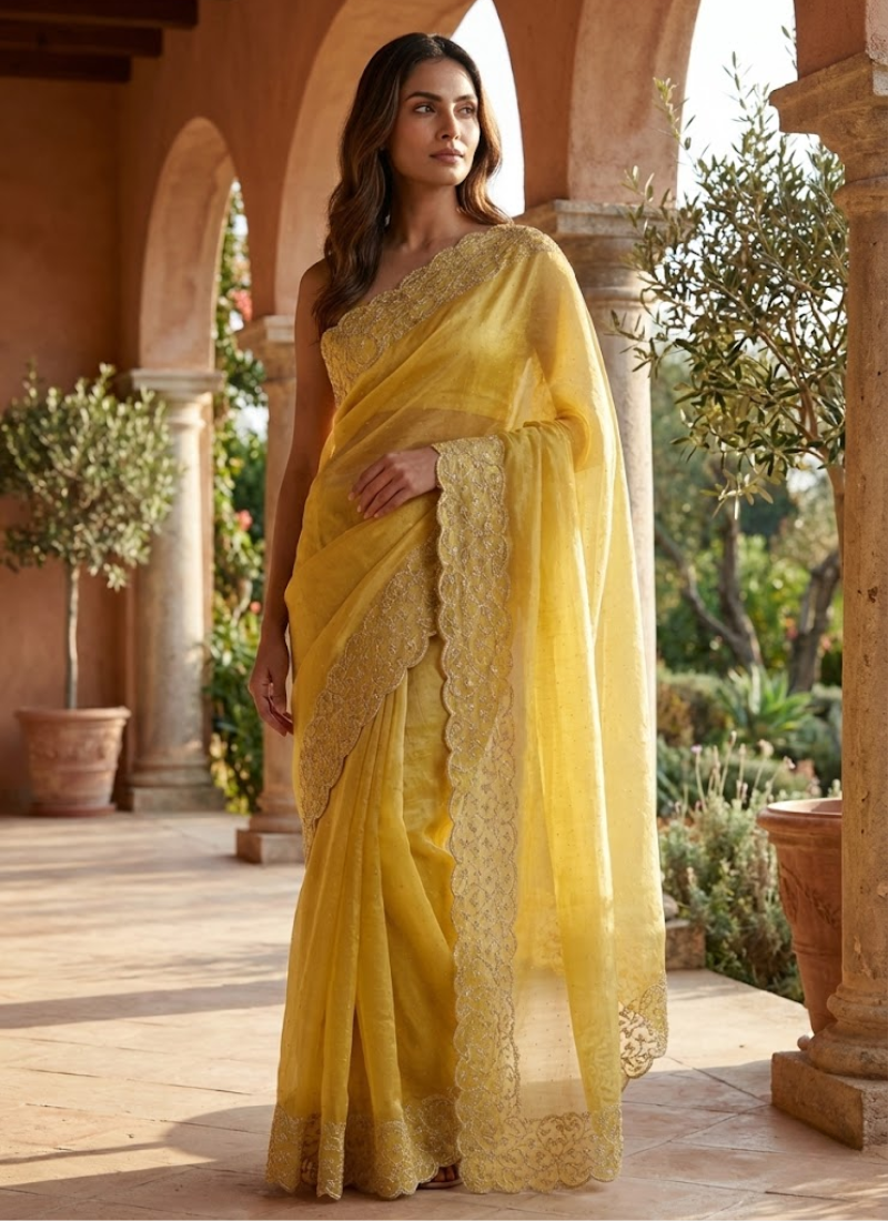 Golden Yellow Silk Saree with Diamond Embroidery, Silver Floral Border & Blouse Piece