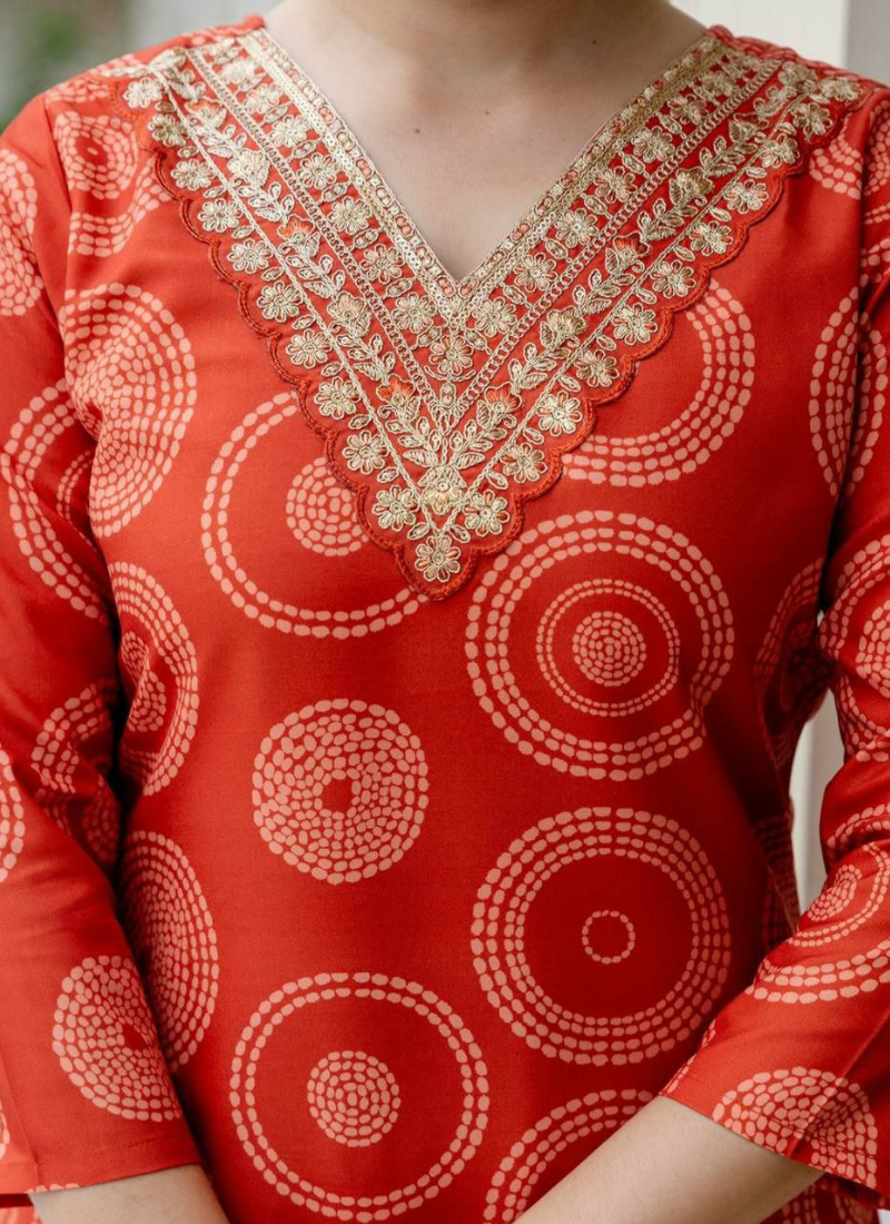 Orange Rayon Punjabi Suit with Embroidery & Taby Dupatta