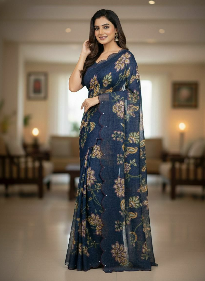 Soft Cotton Indian Saree with Digital Print & Khatli Work Border - View 3