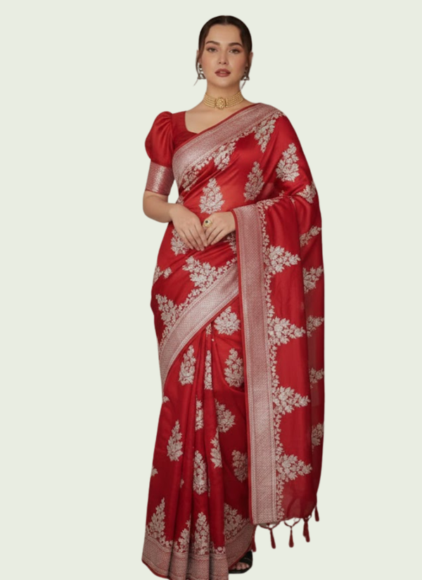 Red Maslin Saree with Golden & White Thread Work Australia