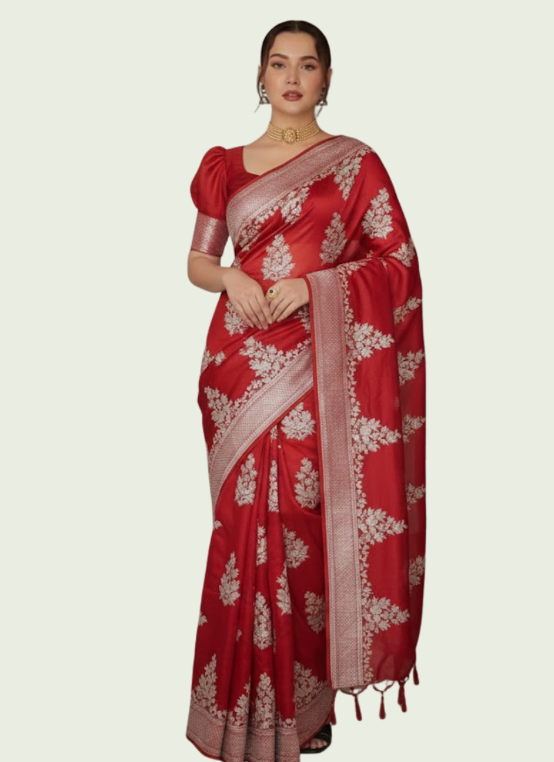 Red Maslin Saree with Golden & White Thread Work