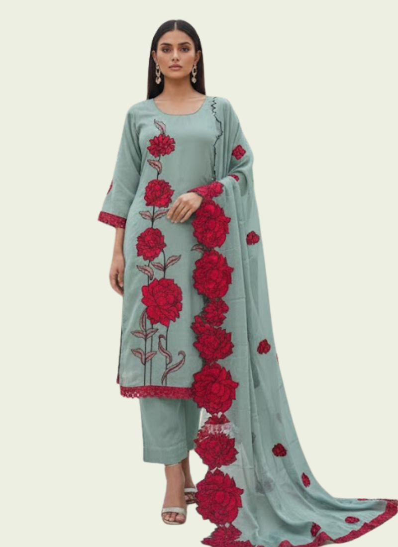 Blue Silk Organza Salwar Kameez with Floral Embroidery Dupatta