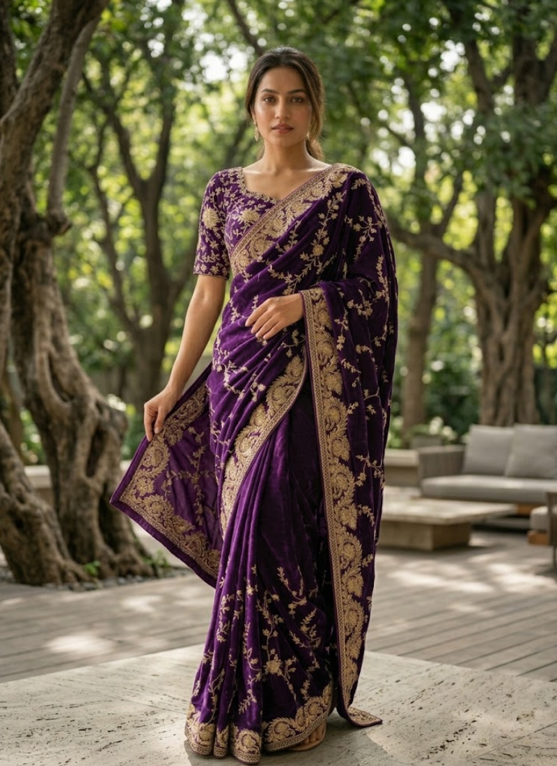Space Silk Saree – Sequin & Zari Embroidery with Matching Blouse