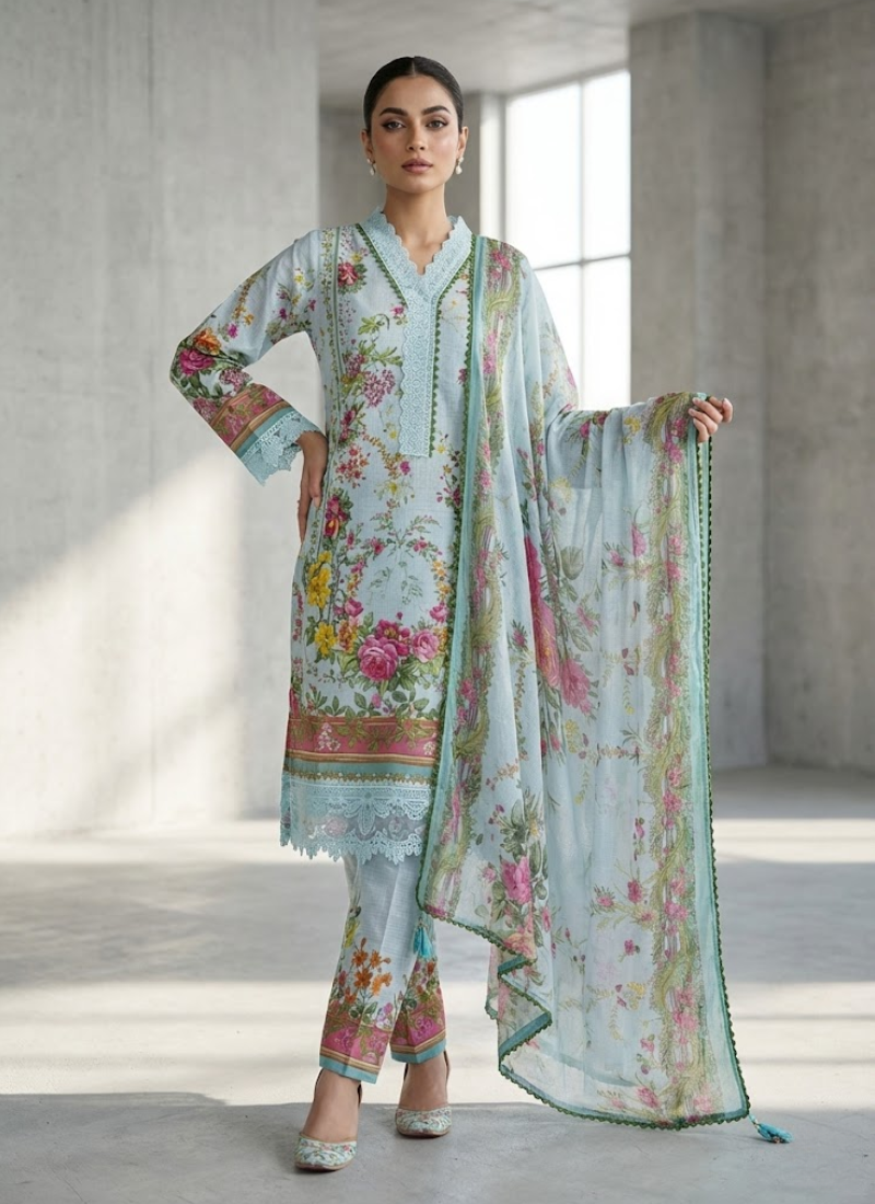 Statement ash salwar kameez with tassels, lace work, and Pakistani fit.