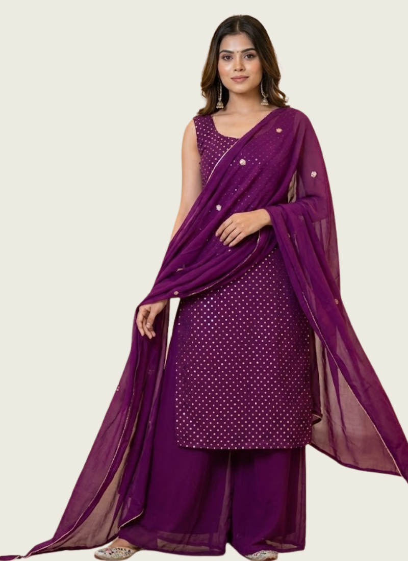 Georgette Sharara/Gharara Salwar Suit with Embroidery & Dupatta