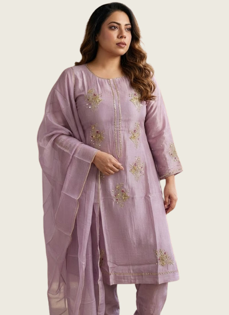 Women’s salwar kameez in silk fabric with zari and sequence detailing, festive partywear design.