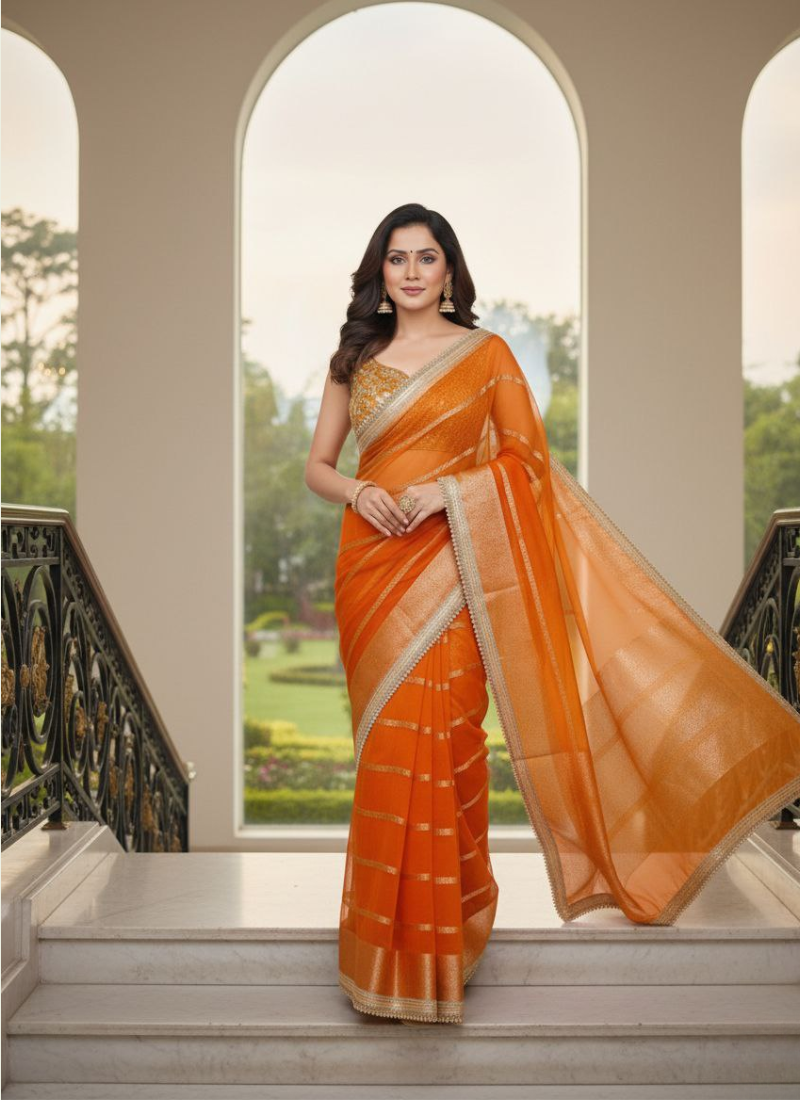 Banarasi Organza Saree with Blouse – Fanta Orange