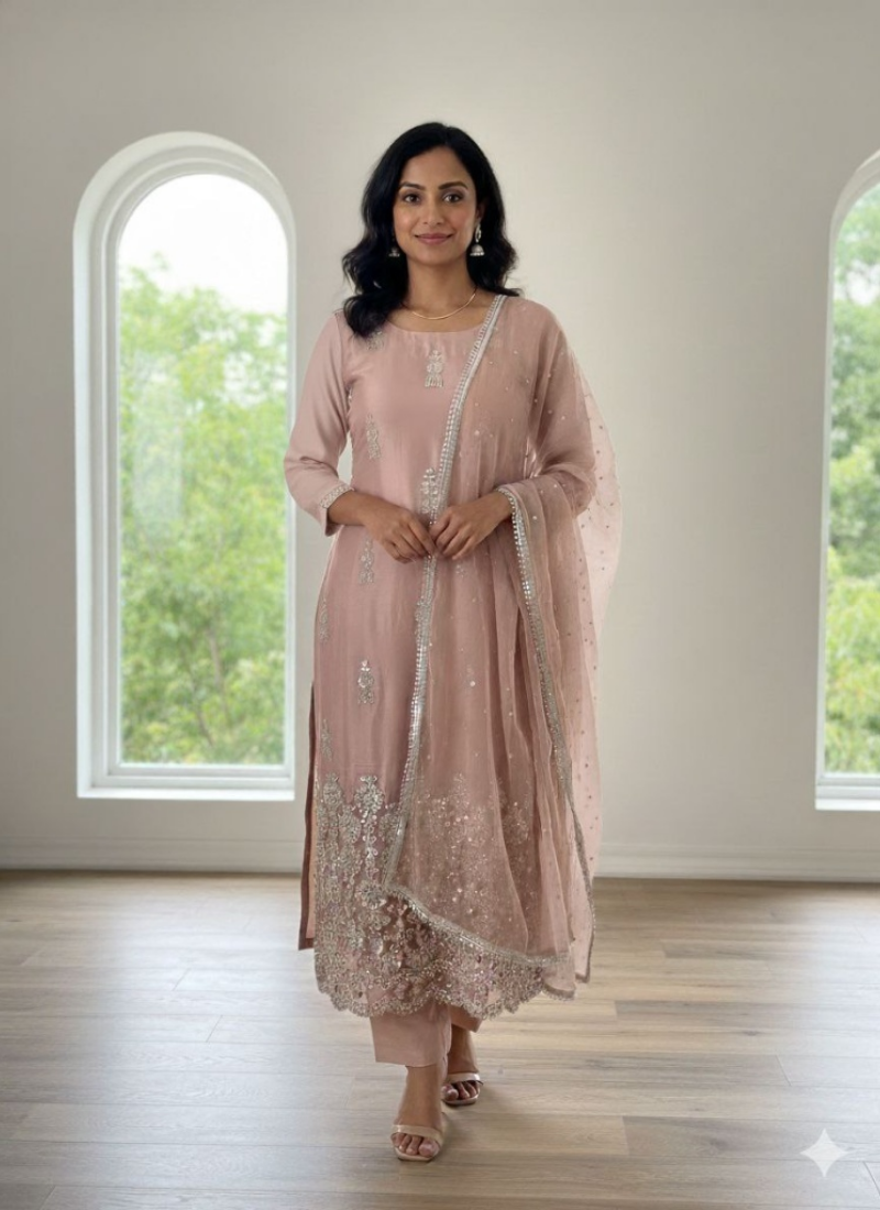 Glass Silk Salwar Suit with Sequins &amp; Chiffon Dupatta