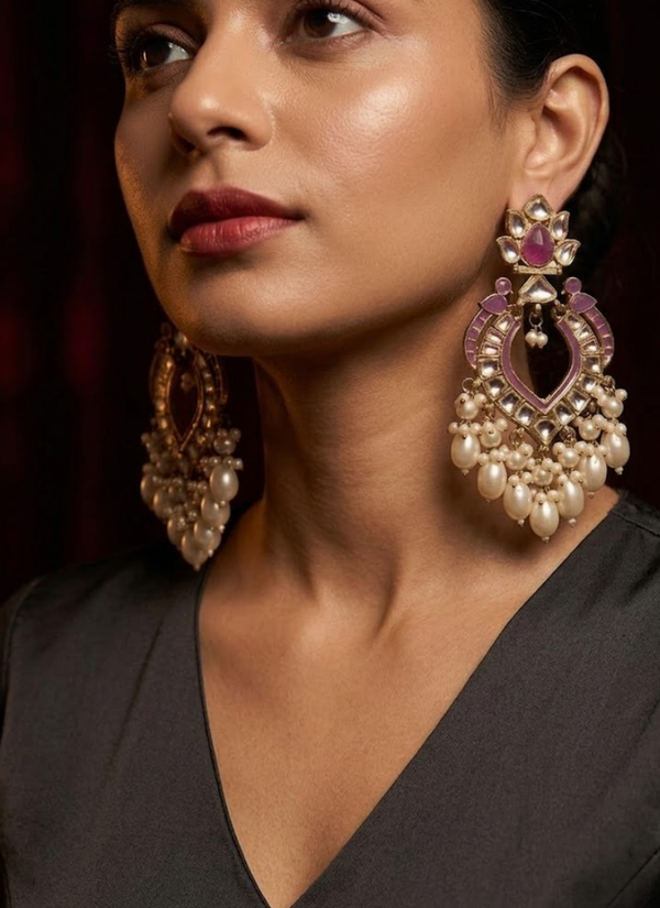 Purple Bhavika Kundan Hanging Earrings