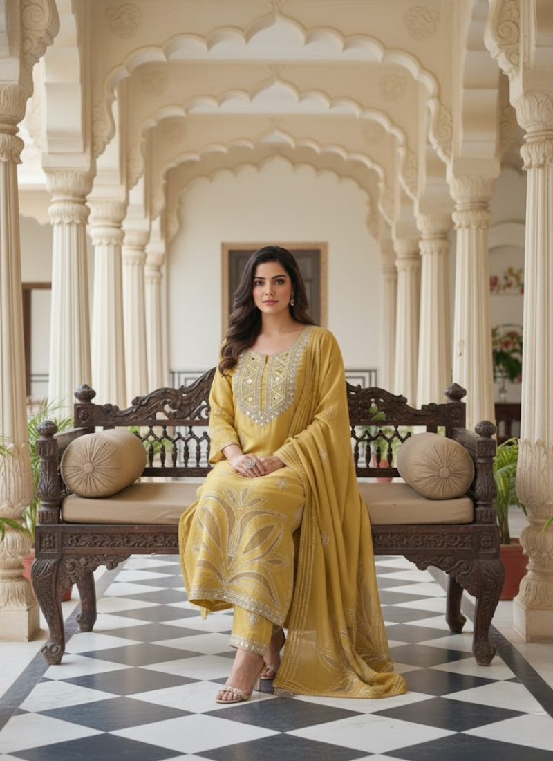 Pakistani Chinon Silk Salwar Suit with Mirror & Cut Work