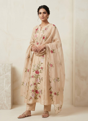 Cream Anarkali Suit in Pure Chanderi Silk with Embroidery + Organza Dupatta 2
