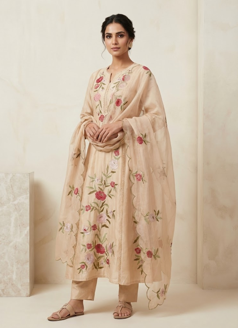 Cream Anarkali Suit in Pure Chanderi Silk with Embroidery + Organza Dupatta