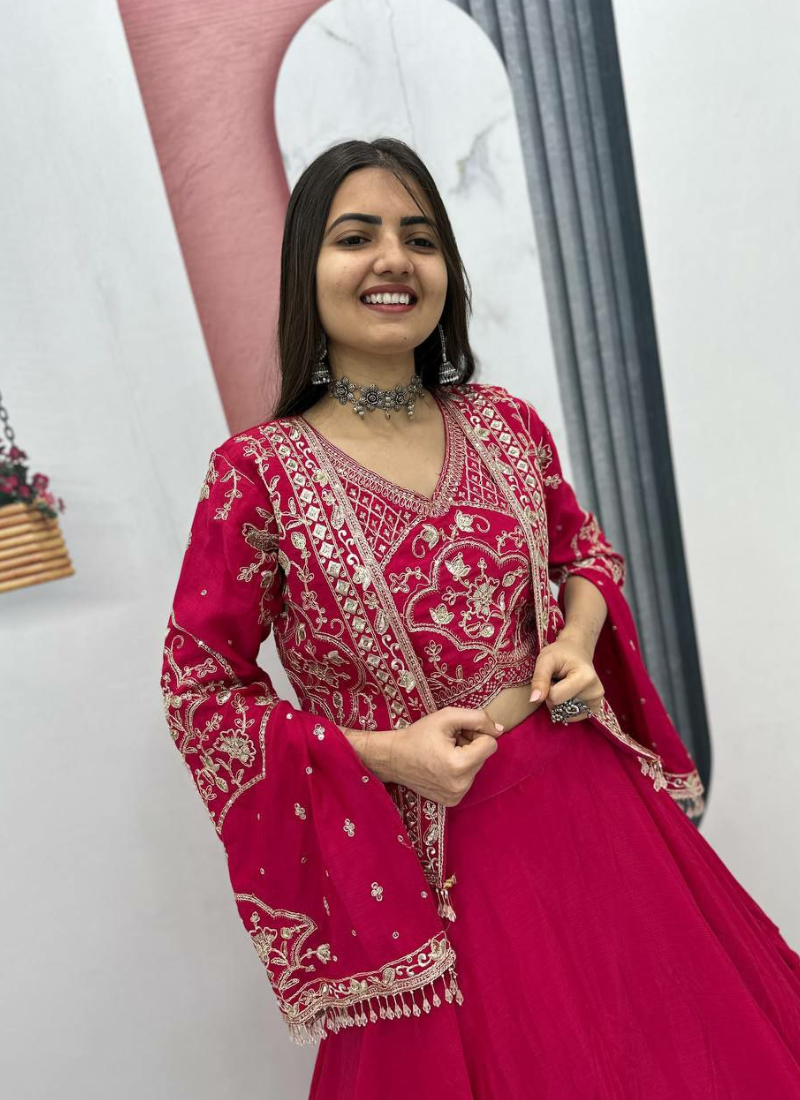 Chinon Lehenga Choli with Sequin Embroidered Jacket