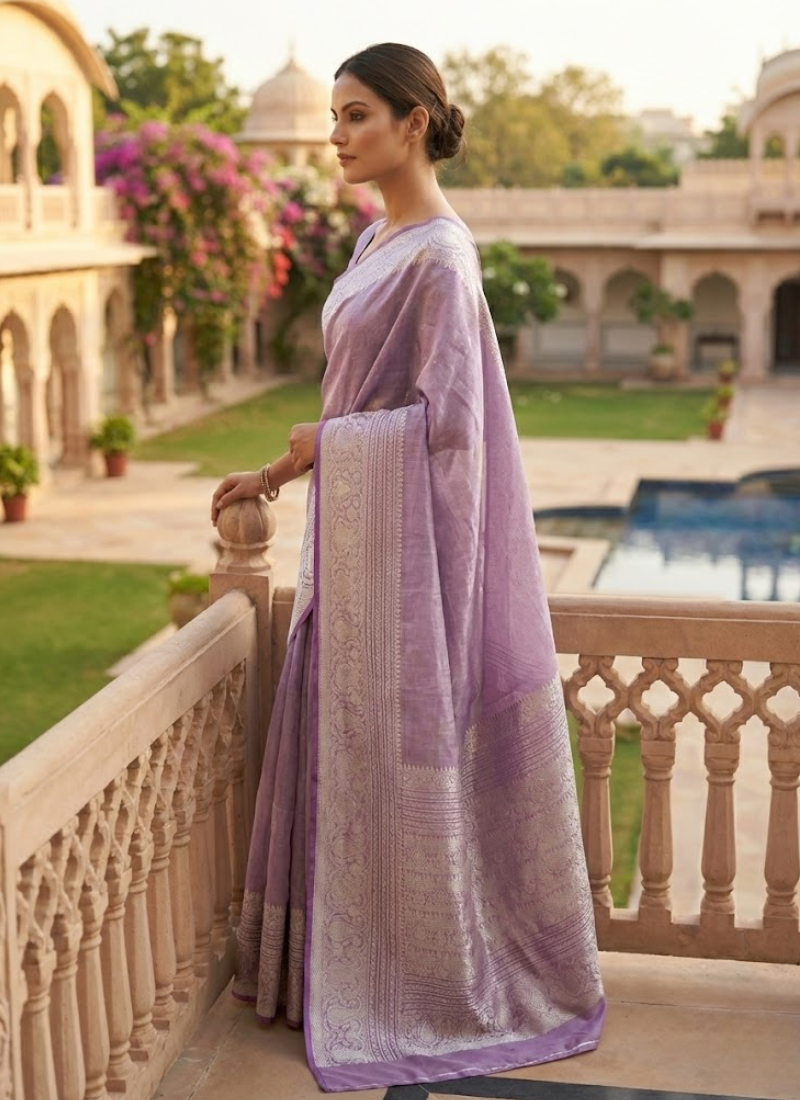 Light Onion Banarasi Tissue Silk Saree with Blouse Piece