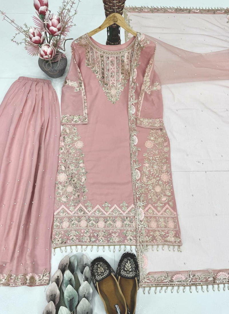 Faux Georgette Sharara Suit with Sequins & Pearl Moti Hand Work + Dupatta
