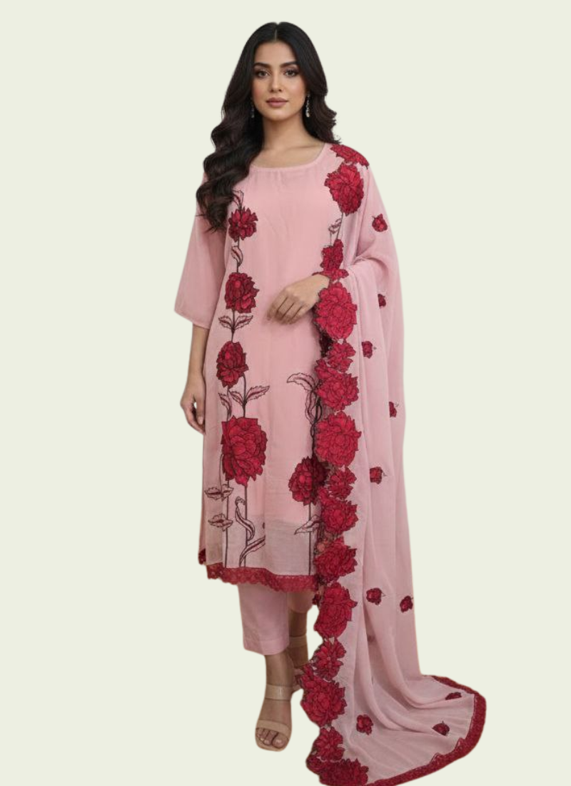 Pink Silk Organza Salwar Kameez with Floral Embroidery Dupatta