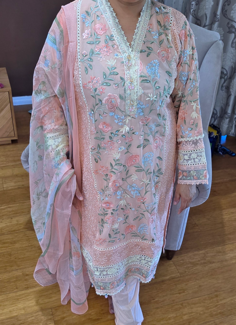 Light Peach Pink Chiffon Salwar Kameez with Embroidery
