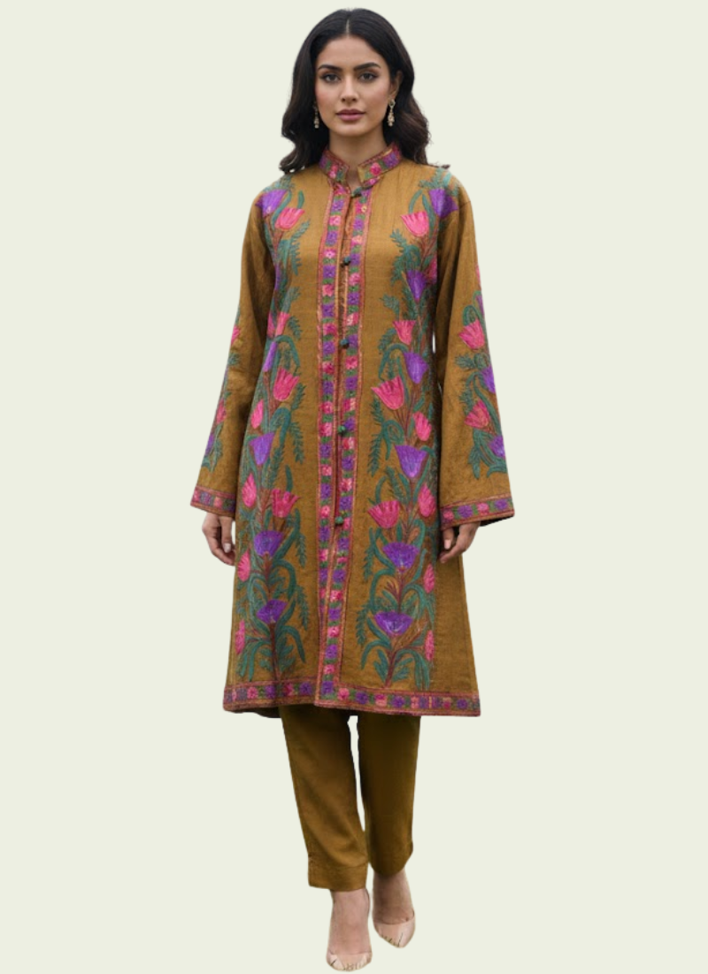 Kashmiri Raw Silk Coat – Metalik Gold Embroidered
