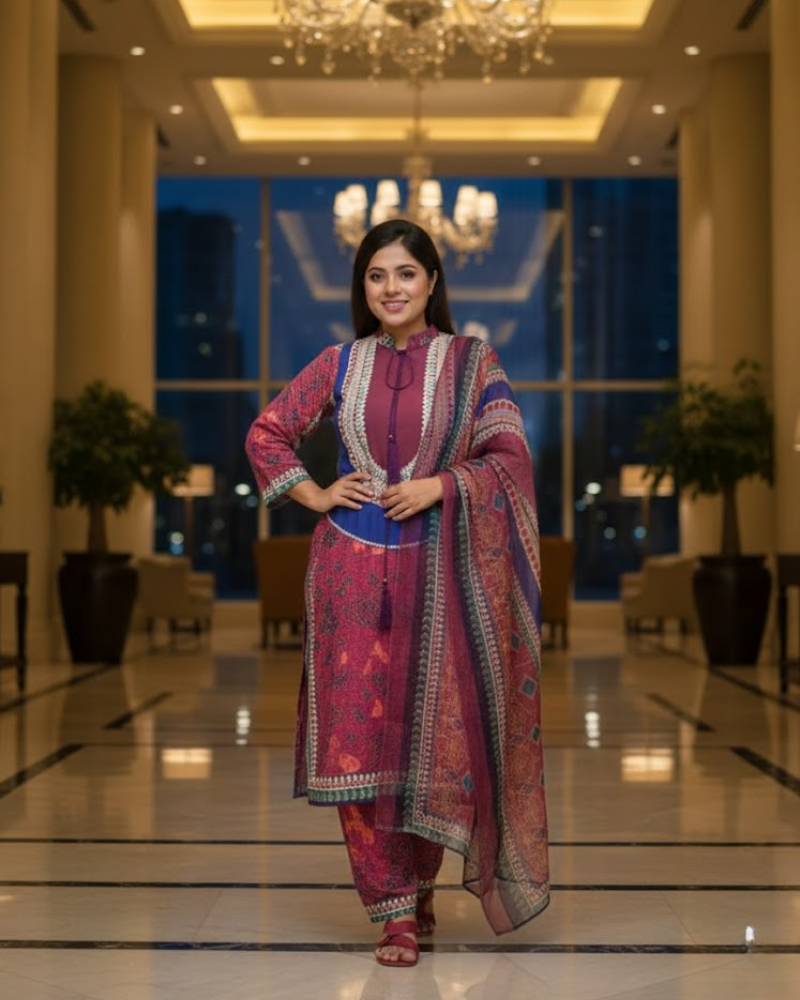 Pink Crepe Silk Salwar Suit – Stone Work & Floral Print