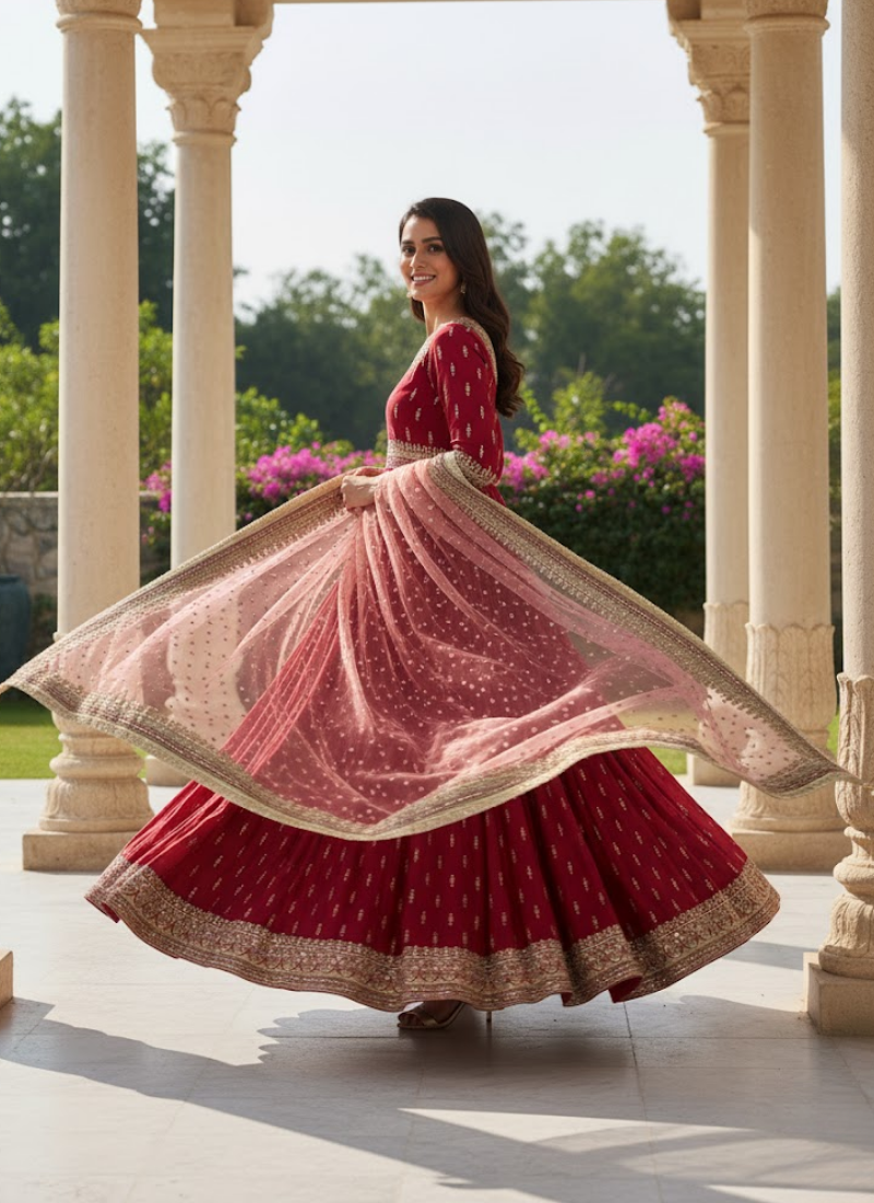 Chinon Silk Embroidered Gown Set with Net Dupatta