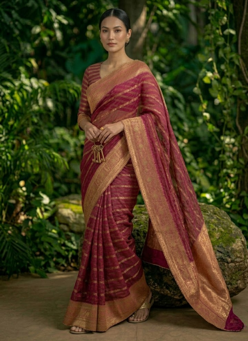 Magenta Banarasi Organza Saree with Blouse Piece