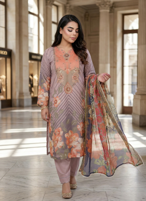 Nude Floral Organza Salwar Suit with Pearl Work