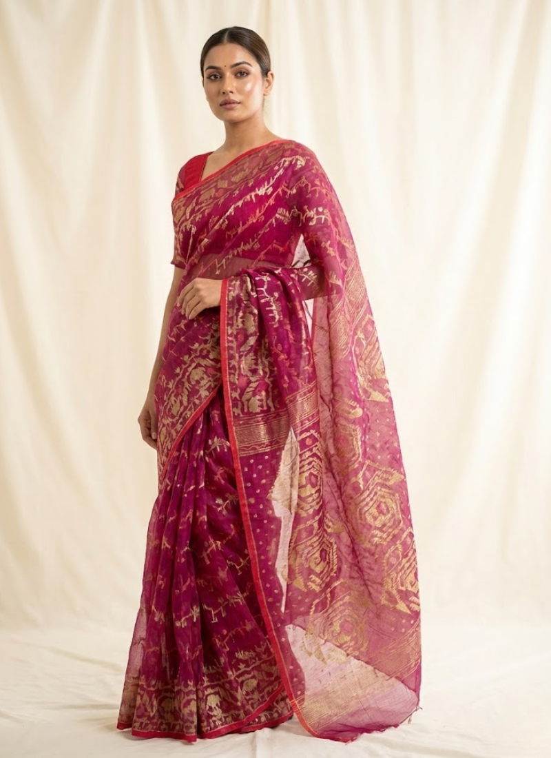 Dark Magenta Jamdani Saree with Mari Thread Work