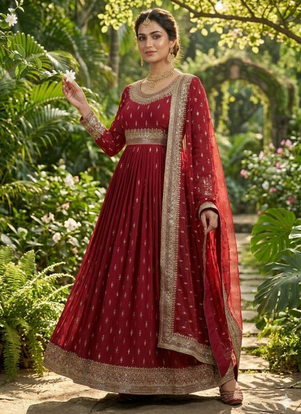 Heavy Chinon Silk Gown Set with Butterfly Net Dupatta