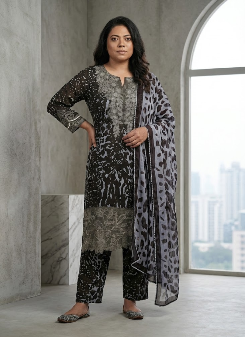 Luxury salwar kameez suit with lawn cotton kameez and salwar, chiffon dupatta, and festive embroidery