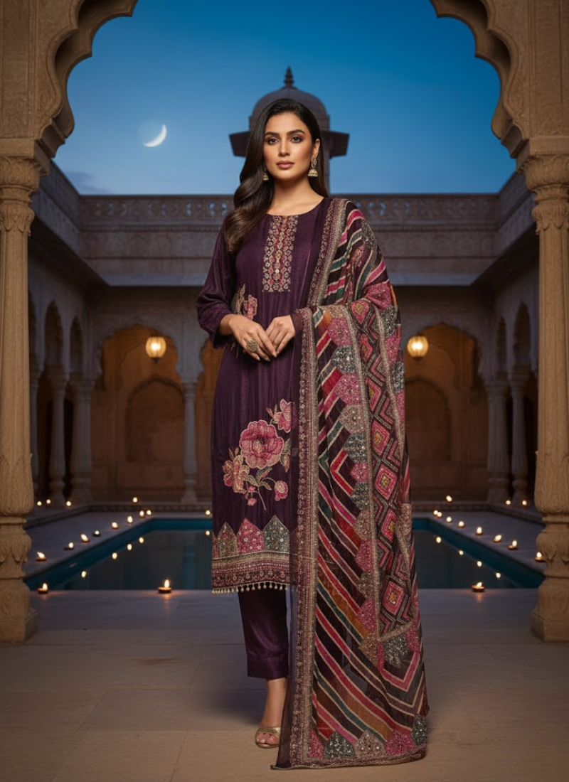 Silk Salwar Suit – Hand Embroidery with Chiffon Dupatta - View 1