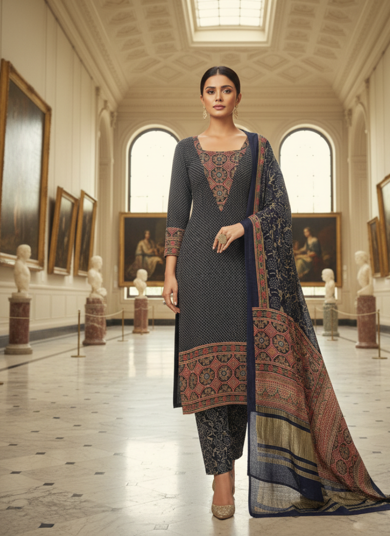 Pure Modal Ajrak Salwar Kameez Suit – Navy Blue with Dupatta