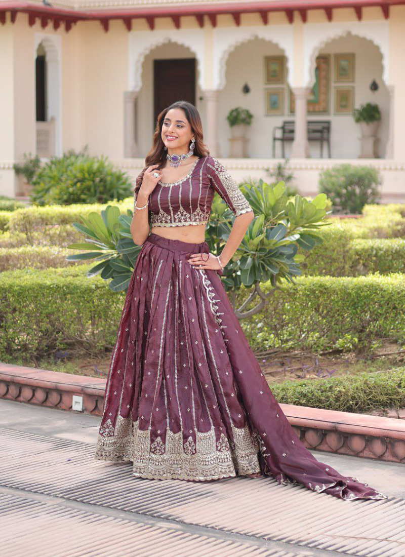 Wine Gold Crush Lehenga Choli with Sequins & Zari Embroidery + Designer Dupatta