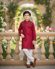 Kids Red Linen Kurta with Embroidery & White Cotton Pyjama 3
