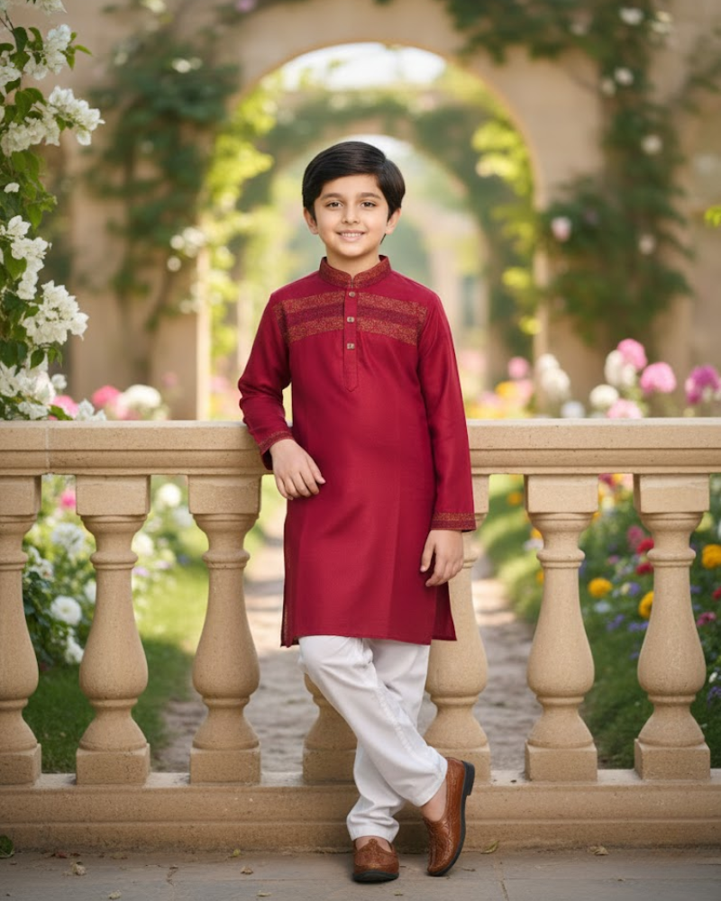 Kids Red Linen Kurta with Embroidery & White Cotton Pyjama