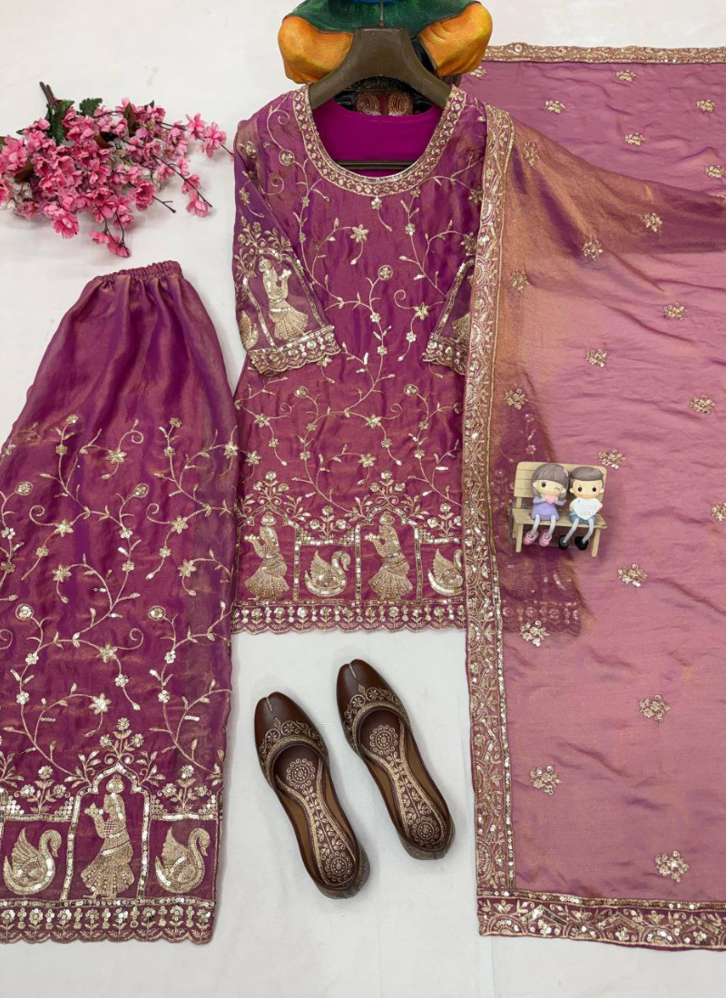 NC Moss Silk Palazzo Suit with Sequins & Zari Embroidery + Dupatta