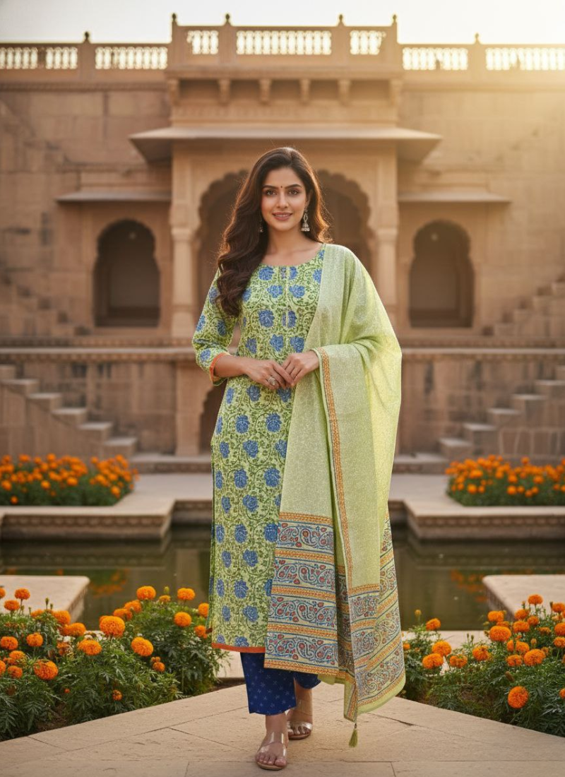Cotton Block Printed Salwar Suit – Lemon & Blue