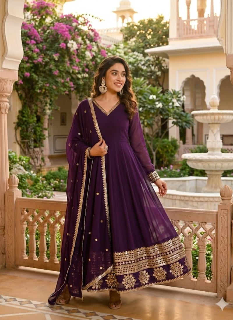 Georgette Anarkali Salwar Suit with Embroidery & Dupatta