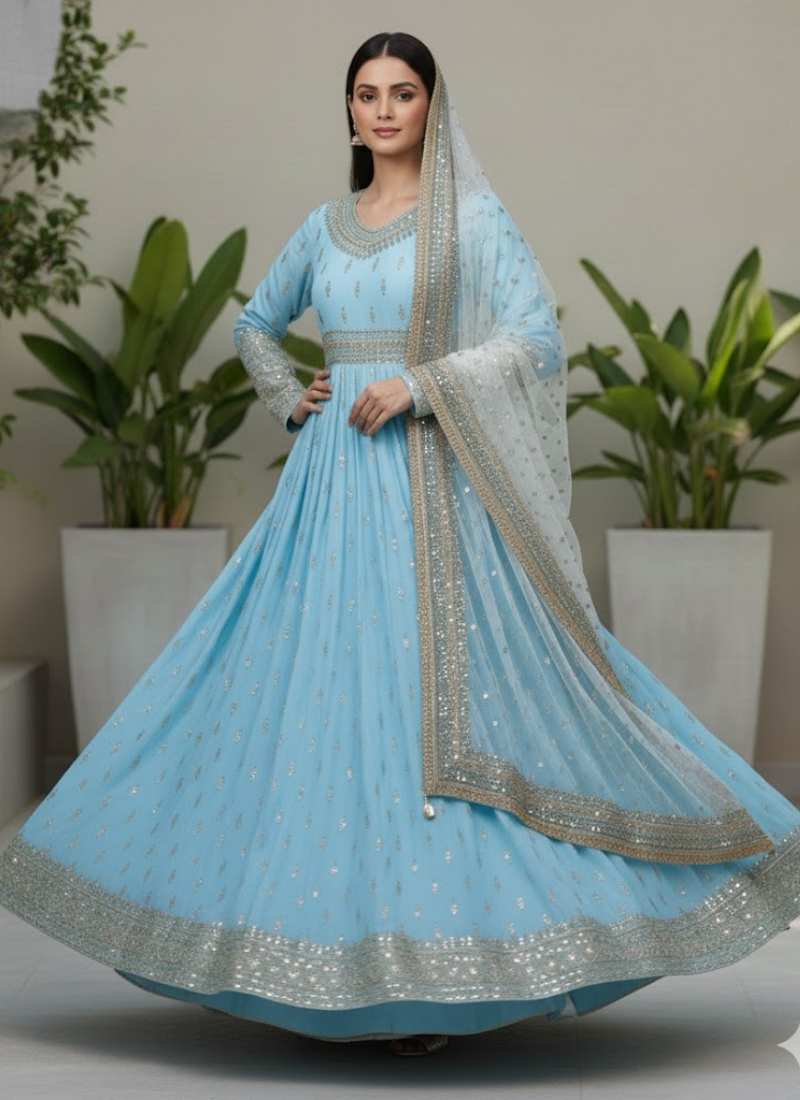 Chinon Silk Embroidered Gown Set with Tassel Sleeves