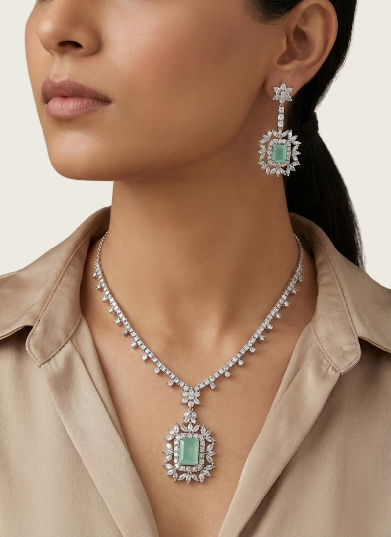 Diamond Cut Necklace & Earring Set with Blue Stone Setting